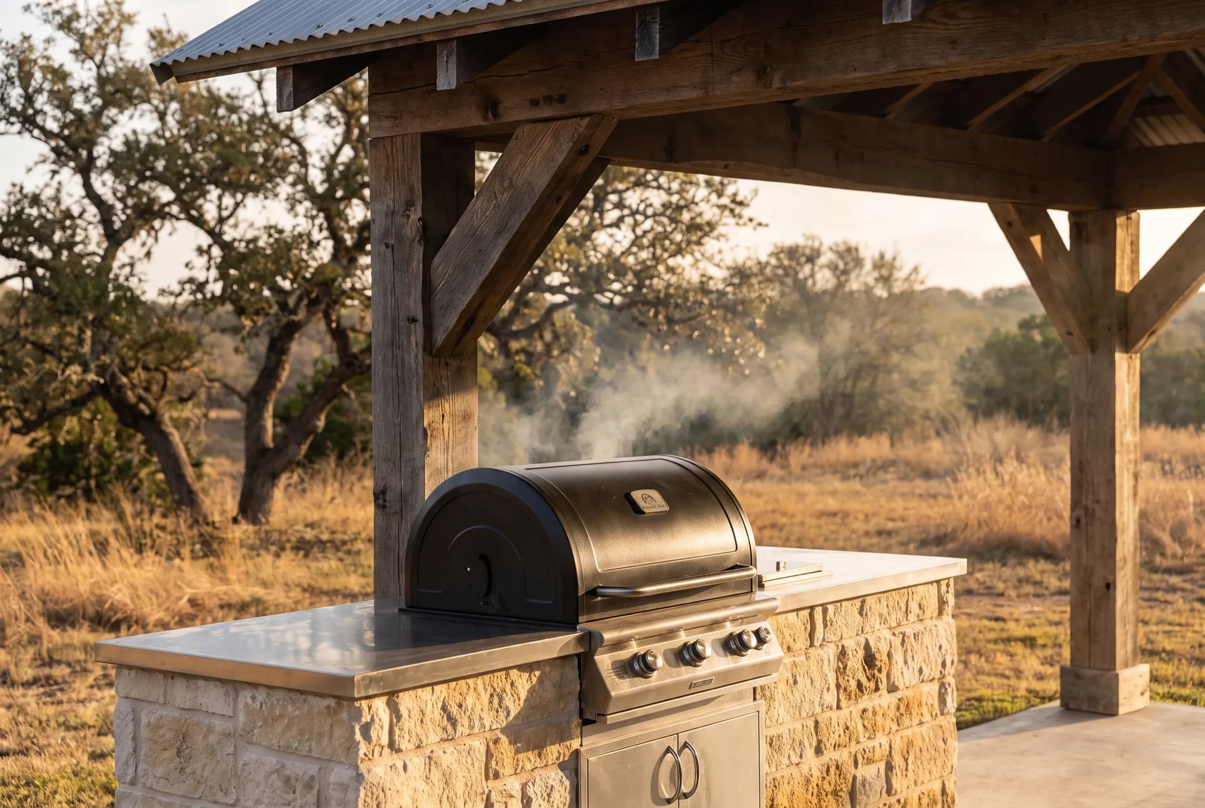 Built-in grill in a stainless and stone island